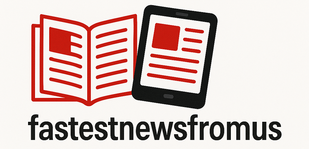 Logo of "fastestnewsfromus" website featuring a newspaper and a tablet, representing online news and blog reading.
